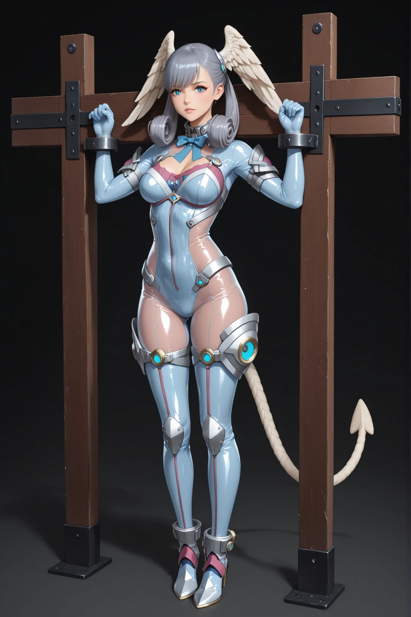 (masterpiece, best quality), intricate details, ahsoka (standing full body toe to head by wooden pole:1.2) iron collar, arms behind back, iron cuffs, shackles, bound, bondage outfit, harness, o-ring, bondage outfit blindfolded cover eyes, happy red cheeks, chain leash collar choker neck bell shackles wristbands bracers bracelets, cleave gag