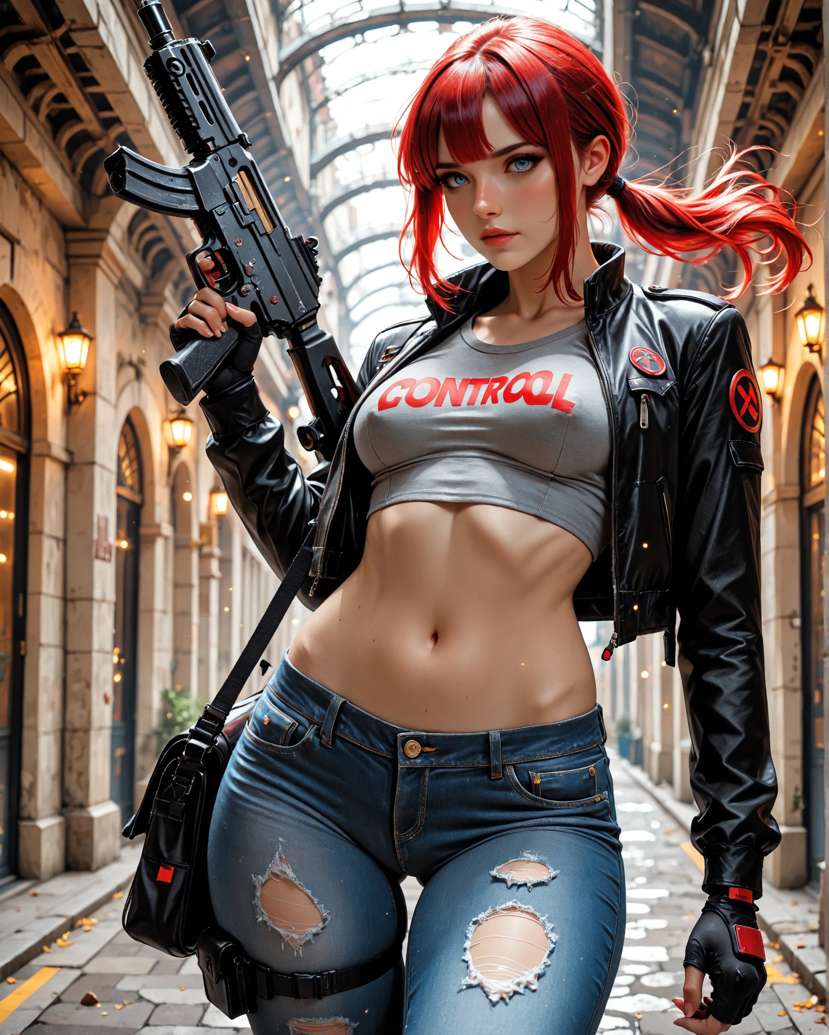 Masterpiece, best quality, amazing quality, absurdres, very aesthetic, lazypos, Photorealistic, 1girl, solo, (jesse_faden_(control):1.22), (jesse_faden),(control_(game:1.17), toned_female, athletic_female, red hair, blue eyes, bright blue eyes, low ponytail, short ponytail, black leather jacket, tight grey shirt, cropped shirt, (small breasts:1.17), nipple_print, braless, tight_jeans, black_denim, ultra_low_rise_jeans, bare_stomach, flat_stomach, Linea_alba, navel, v_lines, hip_bones, suggestive_clothing_gap, (bare_groin), thigh gap, strong thighs, (service_weapon_(control):1.23), weapon_handling, floating_hair, floating_clothes, (dynamic angle shot:1.22), combat_stance, trigger_discipline, interior, vintage_office, (office_building), concrete, brutalist_architecture, surreal_architecture, red lighting, epic, sparkle, particles, glowing 
