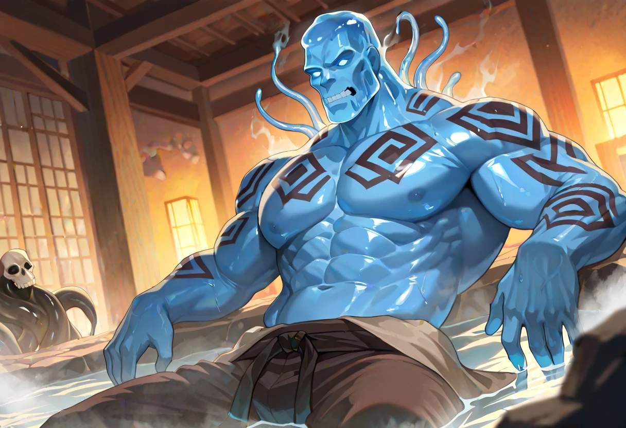Bright cyan eyes，Furry tiger orc body，Strong muscles。Sit in a mahogany chair，Masculine looking，Full of masculine atmosphere。