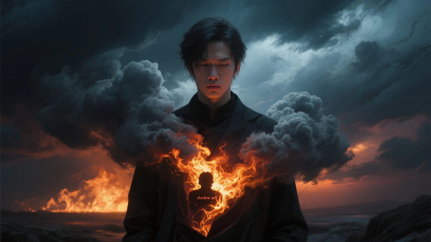 Create a highly detailed and atmospheric digital painting of a cosmic dark entity meditating in a lotus position on the surface of a barren planet. The entity has a shadowy, featureless face and a muscular humanoid body covered in dark organic tendrils that appear to flow and twist around it.. A bright red crystal is embedded in his chest, pulsating with dark energy. Above the head of the entity, A spinning purple and black cosmic vortex with a glowing mystical orb at its center radiates power, Shedding an ethereal light. The background features a vast star-filled galaxy with purple nebulas and distant cosmic phenomena., creating a sense of infinite space and power. The lighting is dark and sinister, and the main sources of light are the glowing red crystal and the mystical orb. The overall color palette is dominated by deep purples., black and touches of red, evoking a sense of cosmic mystery and power.