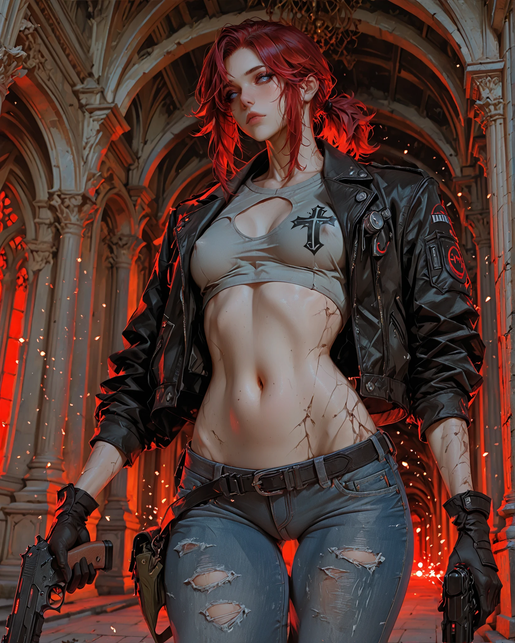 Masterpiece, best quality, amazing quality, absurdres, very aesthetic, lazypos, Photorealistic, 1girl, solo, (jesse_faden_(control):1.22), (jesse_faden),(control_(game:1.17), toned_female, athletic_female, red hair, blue eyes, bright blue eyes, low ponytail, short ponytail, black leather jacket, tight grey shirt, cropped shirt, (small breasts:1.17), nipple_print, braless, tight_jeans, black_denim, ultra_low_rise_jeans, bare_stomach, flat_stomach, Linea_alba, navel, v_lines, hip_bones, suggestive_clothing_gap, (bare_groin), thigh gap, strong thighs, (service_weapon_(control):1.23), weapon_handling, floating_hair, floating_clothes, (dynamic angle shot:1.22), combat_stance, trigger_discipline, interior, vintage_office, (office_building), concrete, brutalist_architecture, surreal_architecture, red lighting, epic, sparkle, particles, glowing 