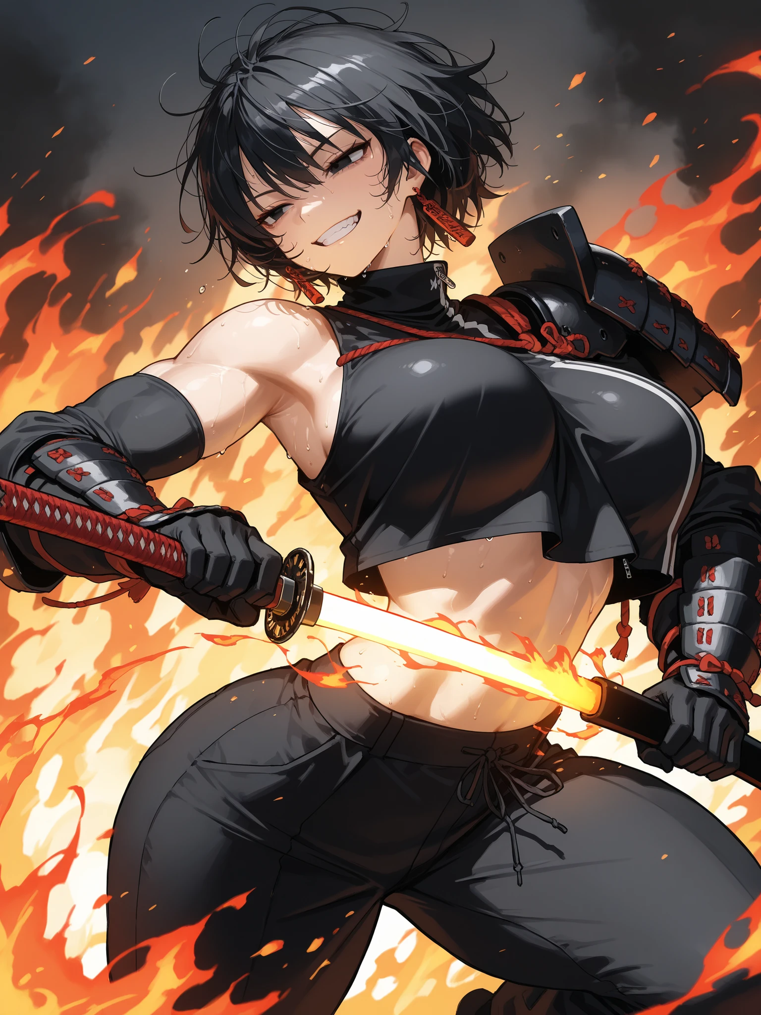 (masterpiece), best quality, extremely detailed), large breasts, bouncing breasts, arched back, thick thighs, muscular, big shoulders, big arms, 1girl, Hiyuki Kagari (Kagurabachi), black hair, messy hair, short hair, black eyes, grinning, gritted teeth, lidded eyes, long red earrings, black sleeveless turtleneck, crop top overhang, asymmetrical zipper, black trousers, (((unsheathing katana))), samurai gauntlet, samurai shoulder pads, glowing blade, fire magic, combustion, aggressive, sweaty, dripping, energetic, motion smears, cinematic angle, from above
