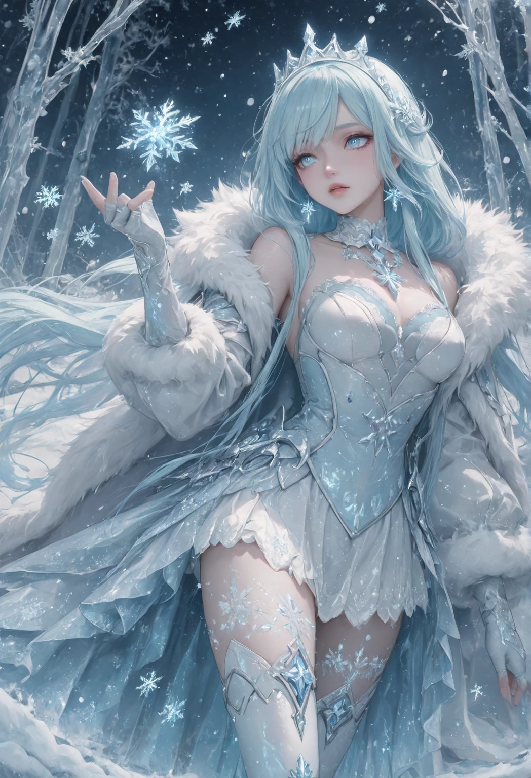 <lora:IceFashion:0.7> Icefashion, made of ice and frost, snowing, head tilt, smile, snow in hands, ice throne, ice queen, ice crystal, snowflakes, ultra detailed, masterpiece, best quality,, solo, soft smile, light smile,
1girl, blue eyes, very long hair, blonde hair, long blonde hair, french braid, bangs, medium breasts,, hair ribbon, frilled choker, criss-cross halter, sleeveless dress, high-waist skirt, backless dress, waist bow, detached sleeves, frilled sleeves, wide sleeves, pantyhose, patterned legwear, mary janes,