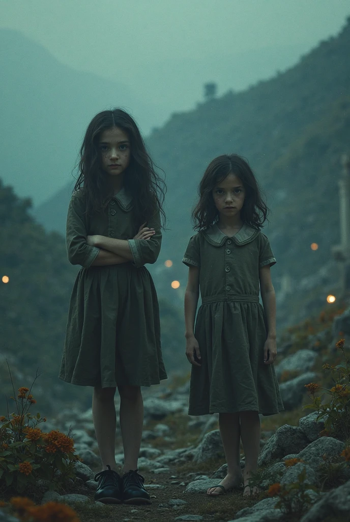 make two twin brothers, a girl and a boy, they are .
black hair, black eyes pale white skin, she wears a black dress, and he wears black period men's clothing, they need to be intimidating, be scared  
They are two wizards from the Middle Ages, they are in a medieval forest 