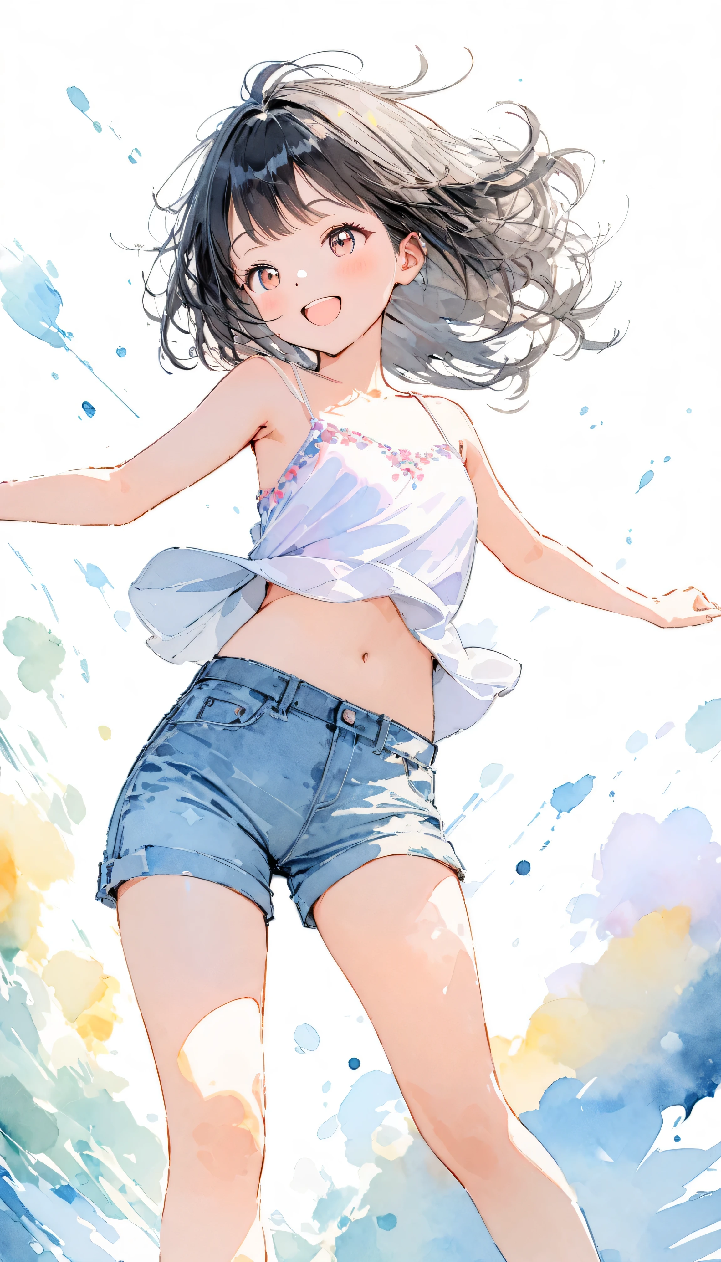 12-year-old girl、Cute girl、One Girl、Cute smile、Sparkling Eyes、Healthy Skin、garden、Summer sun、White cloud、Blue sky、Whole body composition、Barefoot、Detailed Hair、Tank top、Shoulder Bare、hot pants、Small breasts、Cleavage、slender、Hair blowing in the wind、Dynamic pose、Blushed cheeks、Sweaty face、Lots of sweat、Her belly button is visible、gardenの噴水で遊んでいる、A lot of water splashing from the fountain