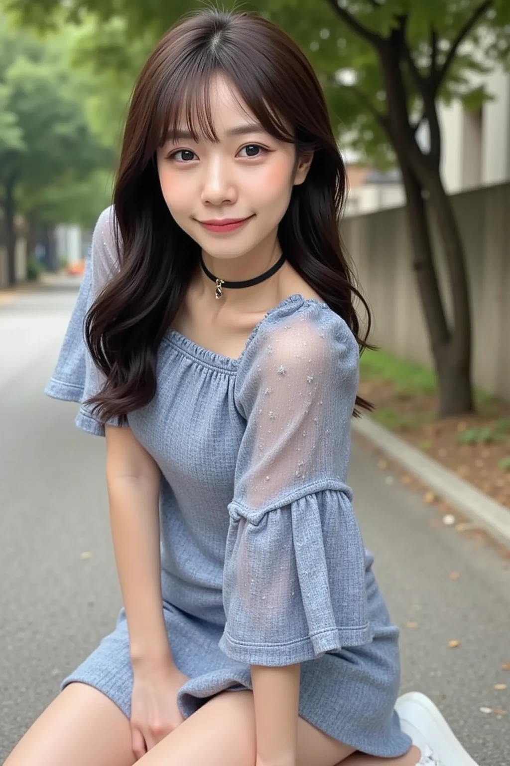 (a beautiful woman, age 33, outdoor morning dawn, wearing a purple see-through dress, White daisy hair accessories, short disheveled hair, super definition face, fine eyes with double eyelids, dimpled kind smile, beautiful lips, fair skin, super cute and soft face, brown hair, soft toned body, ample round bosom, 8k resolution, super realistic, super definition, highest definition, masterpiece, bokeh_background, SFW)