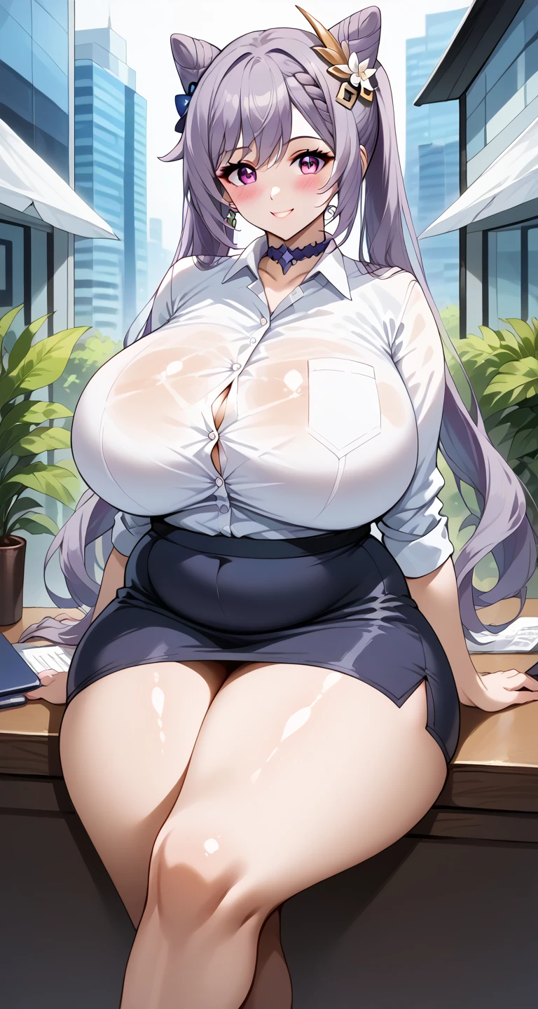 1 Woman, dark elf, matured, seductive, dark skin, extremely dark skin, silver hair, pointy ears, yellow eyes, lips, thicc, large breasts, large buttocks, office, office lady, white shirt, black office vest, sitting at a desk, busy doing paperwork, unbuttoned shirt, nsfw, naked, revealed breasts, nipples, looking at the viewer, angry staring, blushing, absurdres, high res, ultrasharp, 8K, masterpiece