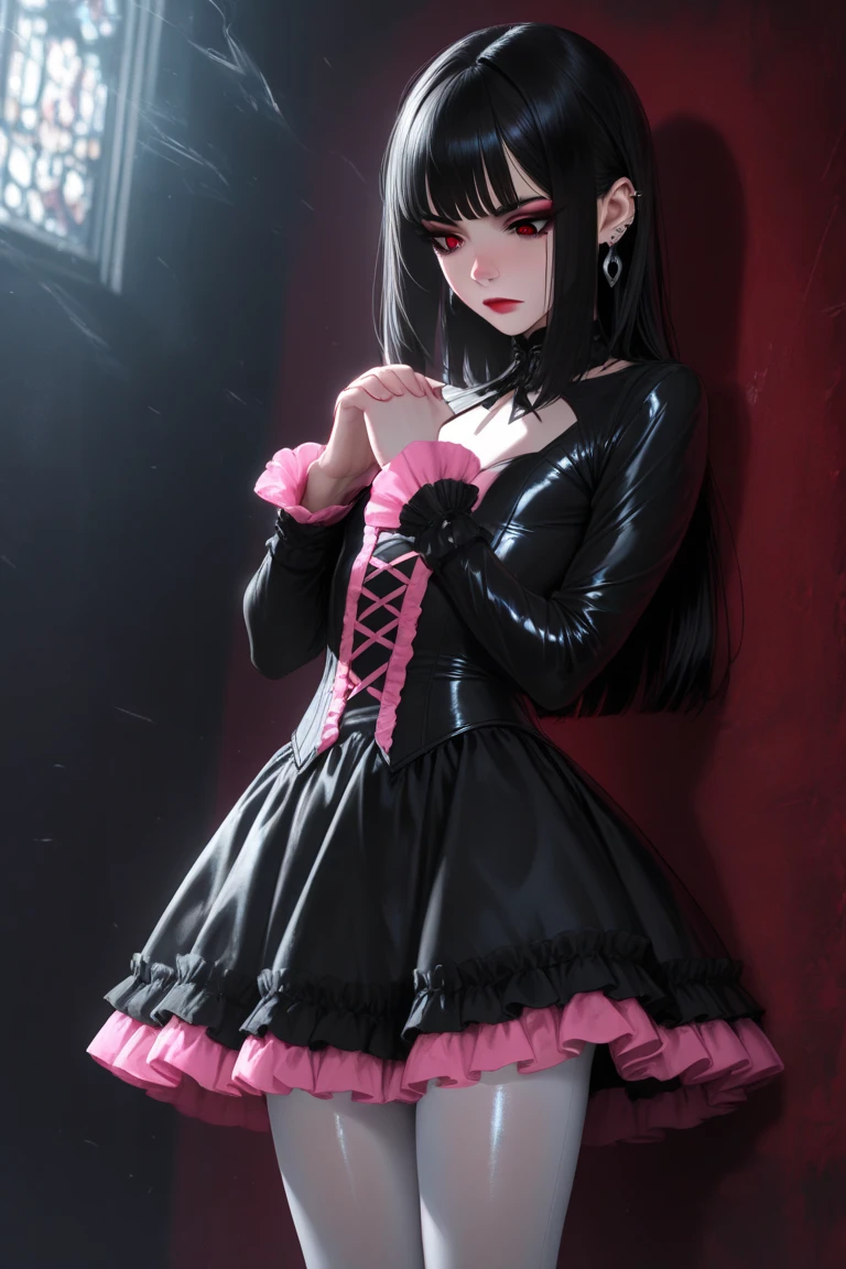 (Female short, black hair, red eyes, red lips, fangs, tongue, blood, hour glass body, skinny, busty) (black short dress, lacy dress, corset dress, gothic dress, cleavage, thigh high boots, combat boots, gothic boots) (goth church, gothic alter, dark church evil church) (legs spread, upskirt, panties, lacy panties, black panties, camel toe, erect nipples) (hd, 8k, detailed, beautiful, dark, fullbody)