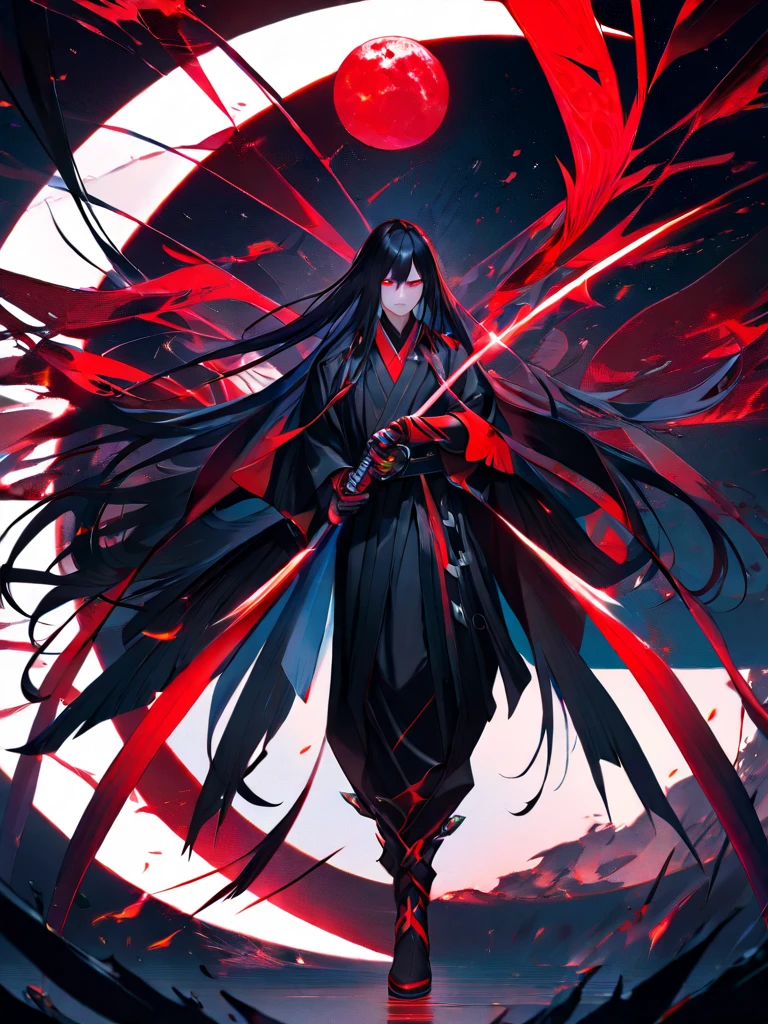 In the image, there is an anime character set against a dark background with red glowing particles. The character has striking red eyes that glow with intensity. They are wearing a mask that is red on the upper part and black on the lower part. Their hair is black with red highlights, parted into two sections with some strands falling over their face, and they have two metallic spikes as hair accessories on the right side. The character is dressed in traditional Japanese warrior attire, predominantly black and red with blue and white accents. There is a blue tie on the upper part of their right arm, and the outfit features intricate patterns. They are holding a sword in their right hand, which is black with red highlights, and it appears to be drawn from its scabbard. With their left hand, they are making a gesture with two fingers extended. The overall appearance of the character exudes a sense of power and mystique.
