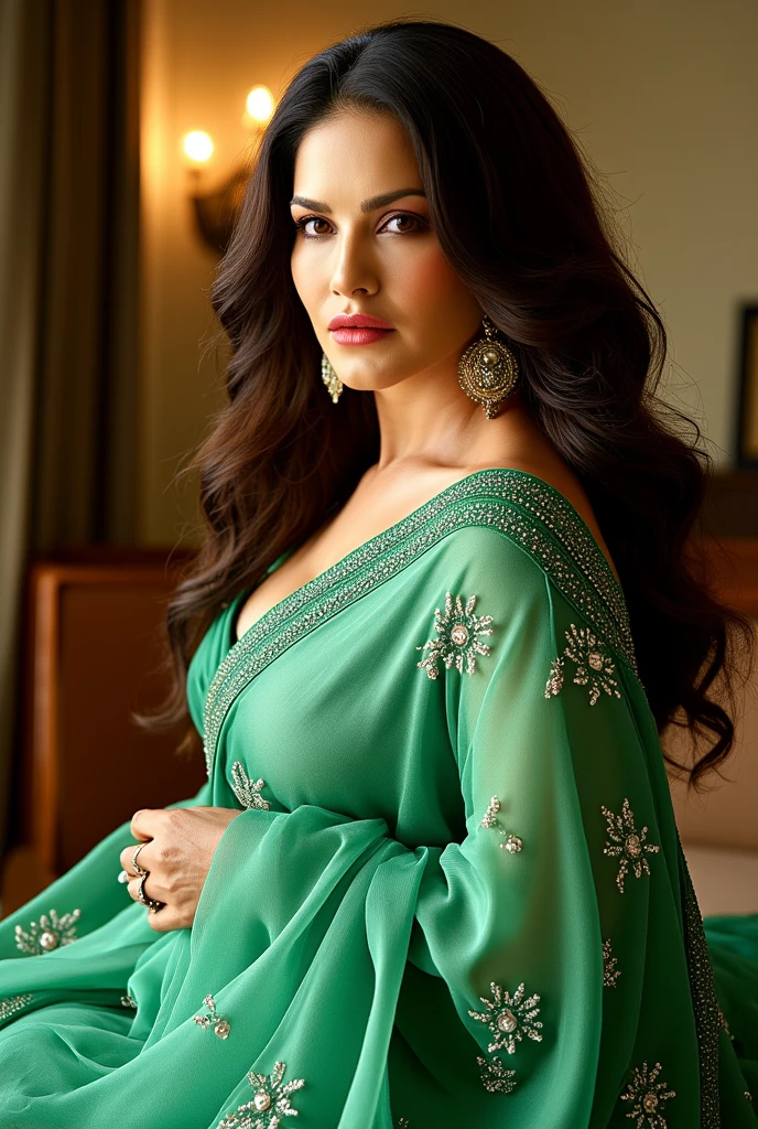 In this photograph, an Indian Instagram female model in her mid-30s takes center stage, with a little chubby figure and a big round chest, showcasing some cleavage. The image highlights her highly detailed face (1.4) and a soft smile (0.7). She is set against the backdrop of a moody, private study within a 5-star hotel. The photograph, captured by Lee Jeffries using a Nikon D850, features rich colors and lifelike textures, thanks to film stock photography on 4 Kodak Portra 400. With a camera f1.6 lens, the image boasts dramatic lighting and hyper-realistic detail, enhanced by Cinestill 800 film. The model wears a vibrant, colorful dobby weave self-design fit & flare dress. The dress features a sweetheart neck, short puff sleeves, a tie-up detail on the back, an above-knee length flounce hem, and attached lining in chiffon fabric. Inspired by actress Karla Ortiz, the model poses candidly, wearing a slave collar with a chain around her neck. The meticulously captured photograph, in 8K resolution, utilizes cutting-edge techniques such as Cinema 4D and Octane Render. Studio lighting, HDR, and a smoky mist create a captivating ambiance, with a bokeh effect adding an artistic touch. The overall aesthetic is influenced by the styles of Max Dauthendey.