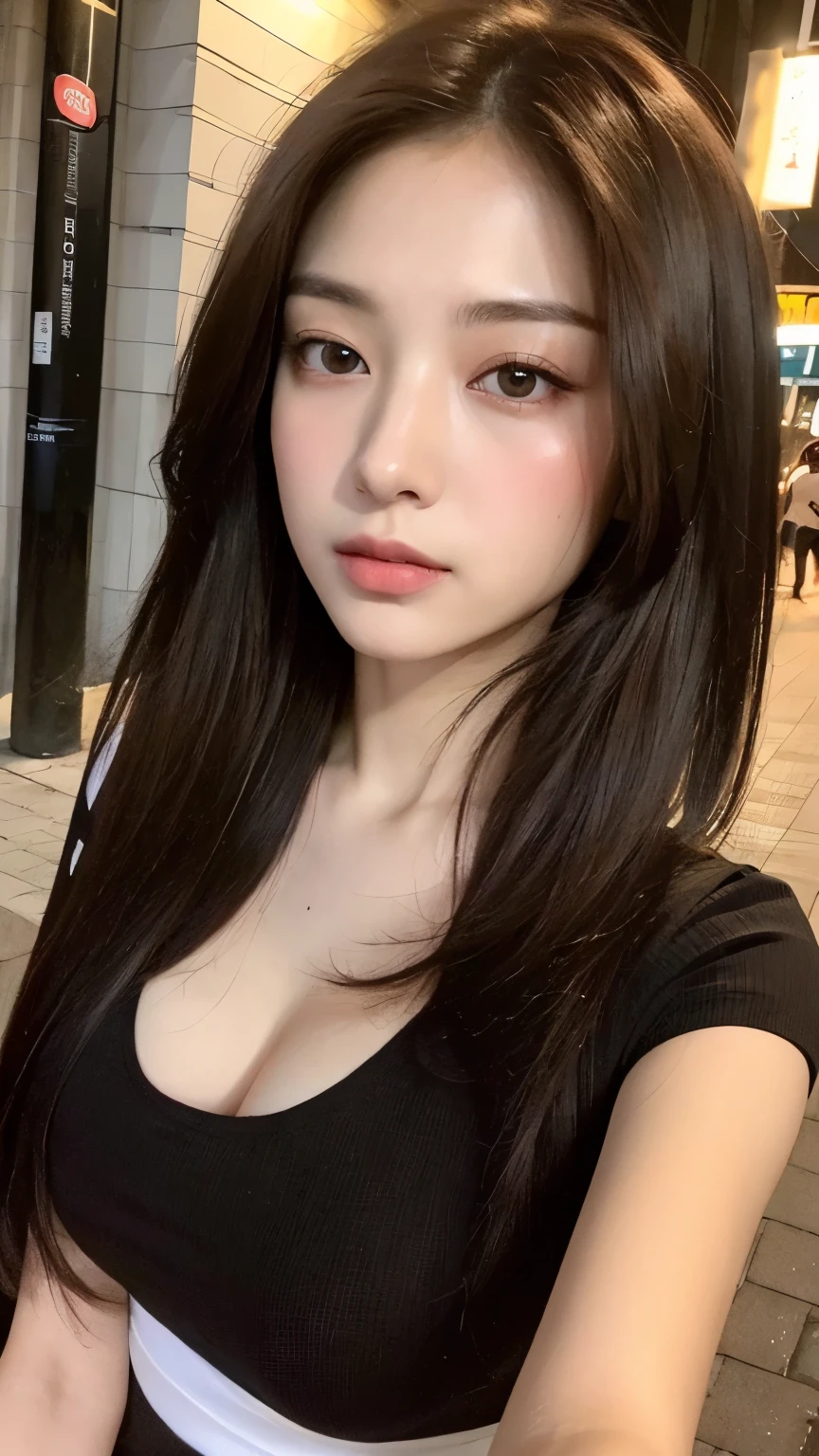 ((best qualtiy, 8K, tmasterpiece:1.3)), Sharp:1.2, perfect figure beautiful woman:1.4, Slim abs:1.2, ((Layered Hair Style, huge tit:1.3,cleavage:1.2)), (A long shirt with transparent wet black buttons:1.1),(Sateen,the street:1.2),Highly detailed facial and skin texture,A detailed eye,二重まぶた,Look sideways at the camera