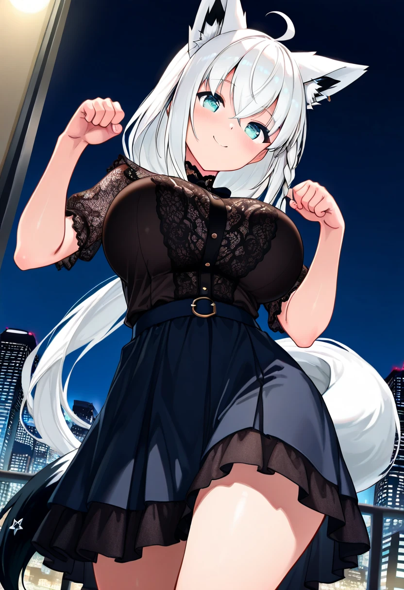 (1 girl), (fox girl), beast耳, (super high quality), masterpiece, cowboy shot, (tied hair), wild, beast, casual scene, relaxed atmosphere, She is wearing fashionable clothes, cute clothes, Street atmosphere, urban environment. perfect body, (E cup:1.2), grin and laugh, teeth, Fresh, (asymmetrical bangs:1.3),long hair, highly detailed face and eyes, long slit eyes, SF, (bare shoulders), digital art, beautiful, cinematic lighting, by Yusuke Murata.tonality, romanticism, modern art, Impressionism, reflected light, 8K, masterpiece, advanced details, highest quality, Only 5 fingers,accurate anatomy