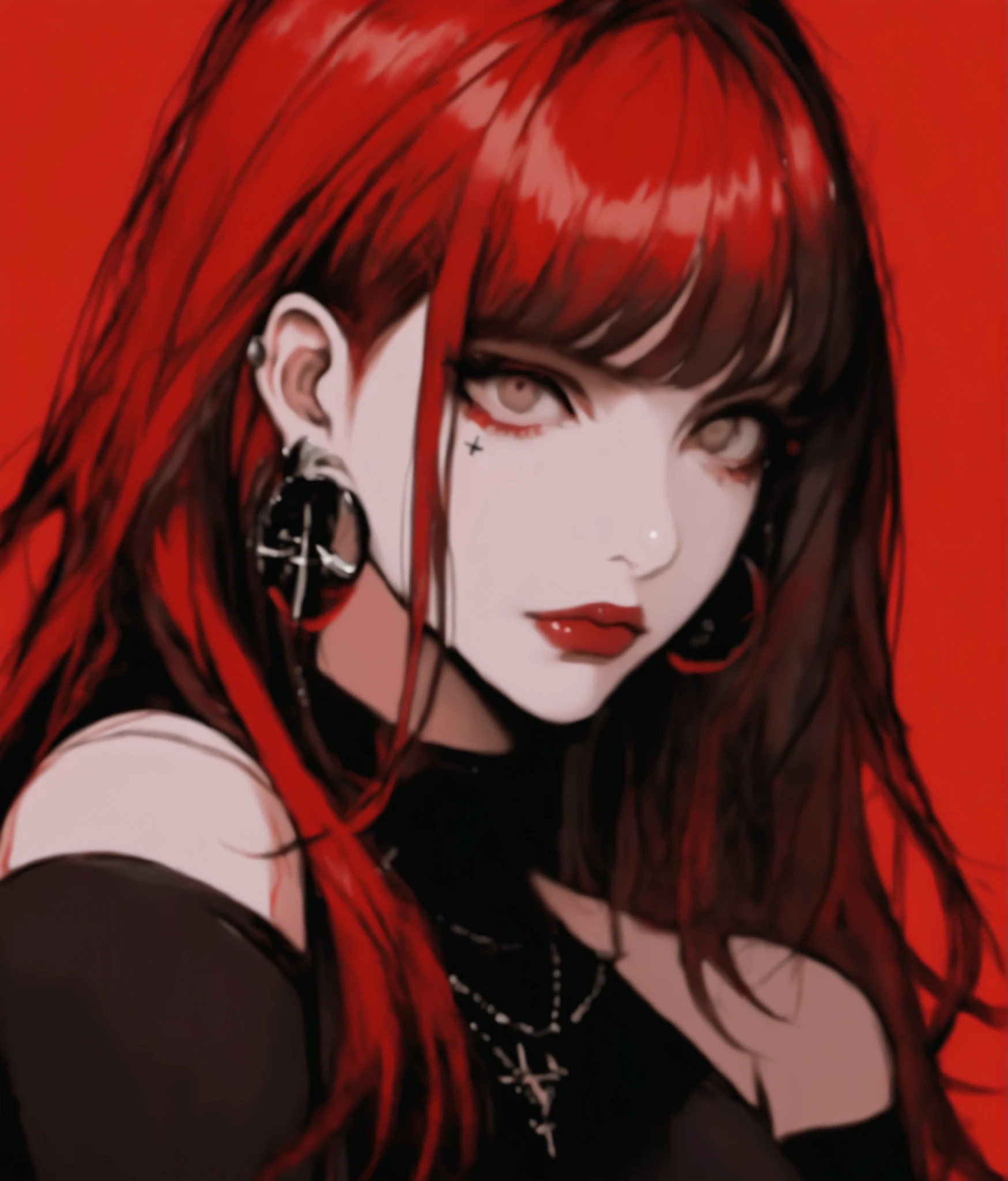 Add a 2.5D picture of a female with Box dyed red hair, heavy dark makeup, curvy and fit, totally a goth mommy, has an attitude with most people, wears contacts to make her eyes appear red, wears crosses and is often very religious, often wears black revealing clothing.
