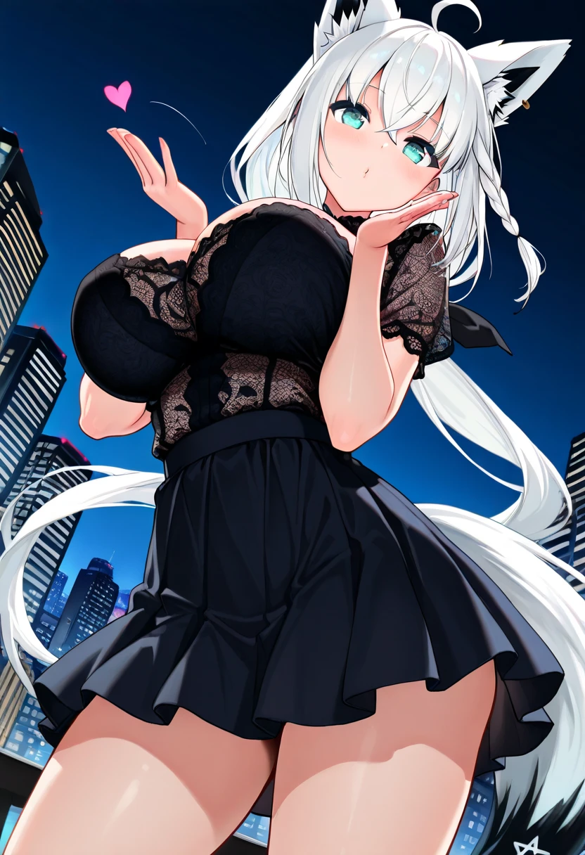 Best Quality, 8k, High resolution, high quality, masterpiece, Beautiful, (Anatomically correct:1.2), A beautiful woman, 20th Generation, Silky gray hair, Straight Long, long bangs that hide one eye, Red eyes, Beautiful Skin, Tall and toned body, pointy big breasts, Mesh kunoichi costume, Carrying a sword on your back, valley, Model pose, night, skyscraper, evil grin,