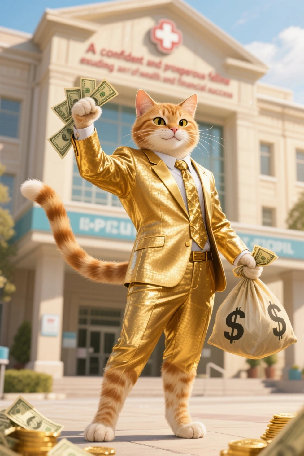 realistic Happy woman with cat ears and green hair fully clothed in business suit, holding lots of money and gold around, dynamic pose and angle