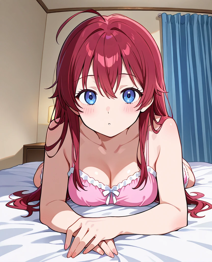 ((masterpiece)), ((best quality)), (ultra-detailed), anime style, on the bed, a cute girl, 1girl, solo, smile, underwear00