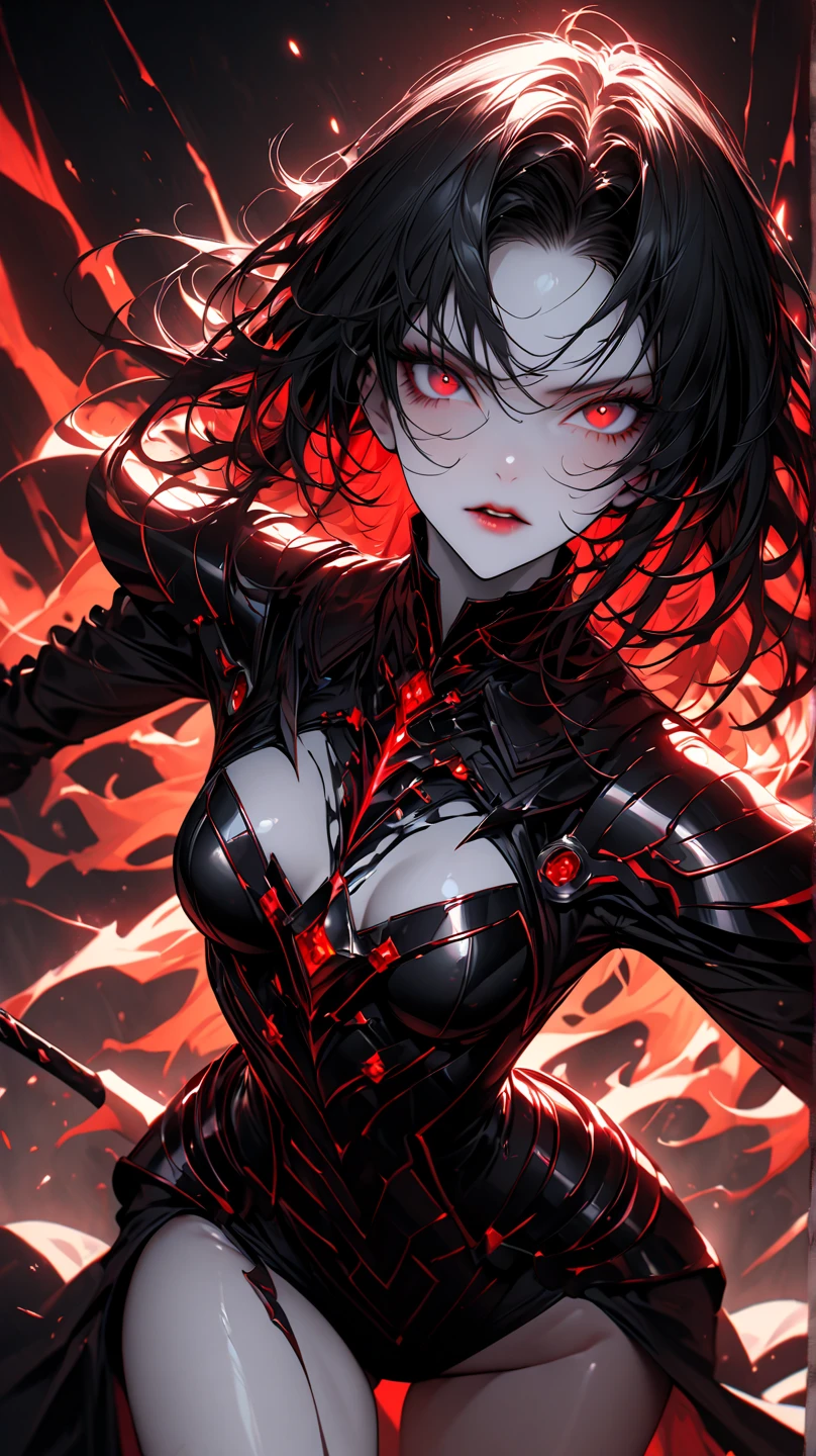 a woman with black hair and red streaks with a dark face, detailed red eyes with a white point on the iris, with a black suit with red details