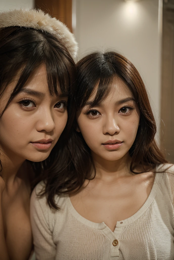 2 beautiful Hong Kong sisters together in small hotel, small room, closeup selfie from below, long black hair, large cotton bathrobe, beautiful face, beautiful body, slim, night, low contrast