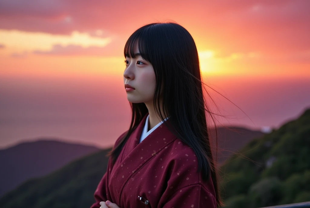 Miki is staring at the sun as it almost sets from an observatory near the sea、さみし気な表情で見つめている。where the wind is strong and Miki's beautiful hair is spreading。Mountain々Is dyed red and Miki's face is also dyed crimson。There is a perfect contrast between the fantastic profile of Miki and the setting sun。wide lens shot.