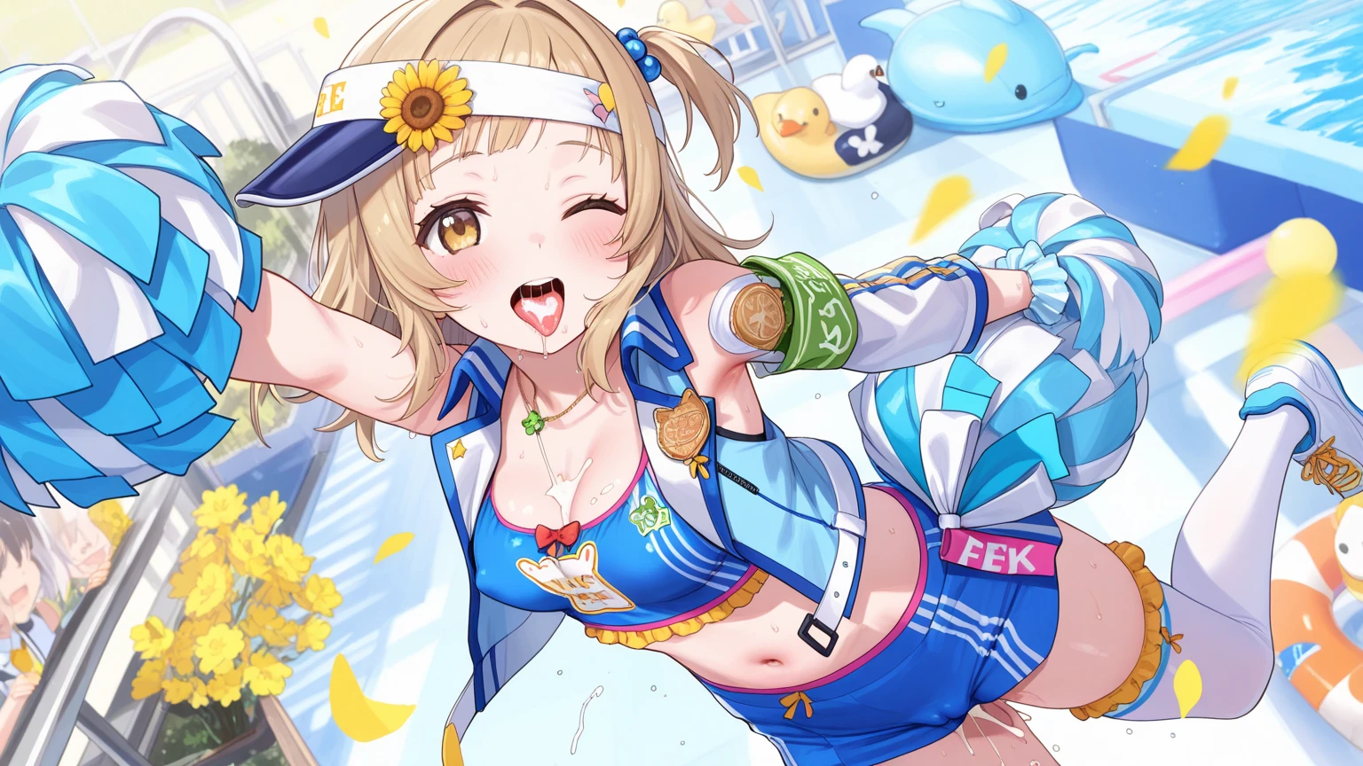 Best quality at best, tmasterpiece, Incredibly beautiful, very elaborate 8K wallpaper, otherworldly beautiful girl, , (Fair skin), (blonde hair pink gradient hair), Side pony, intermittently, Open your mouth and laugh, Long eyelashes, cosmetics, One eye open, (zoomout, The large, BigREAK, 夏天, Beachy, (比基尼), Reflection in the water, (Floating water drops blur foreground), (blue-sky), lens flare glow, (water splash), rays of sunshine,
