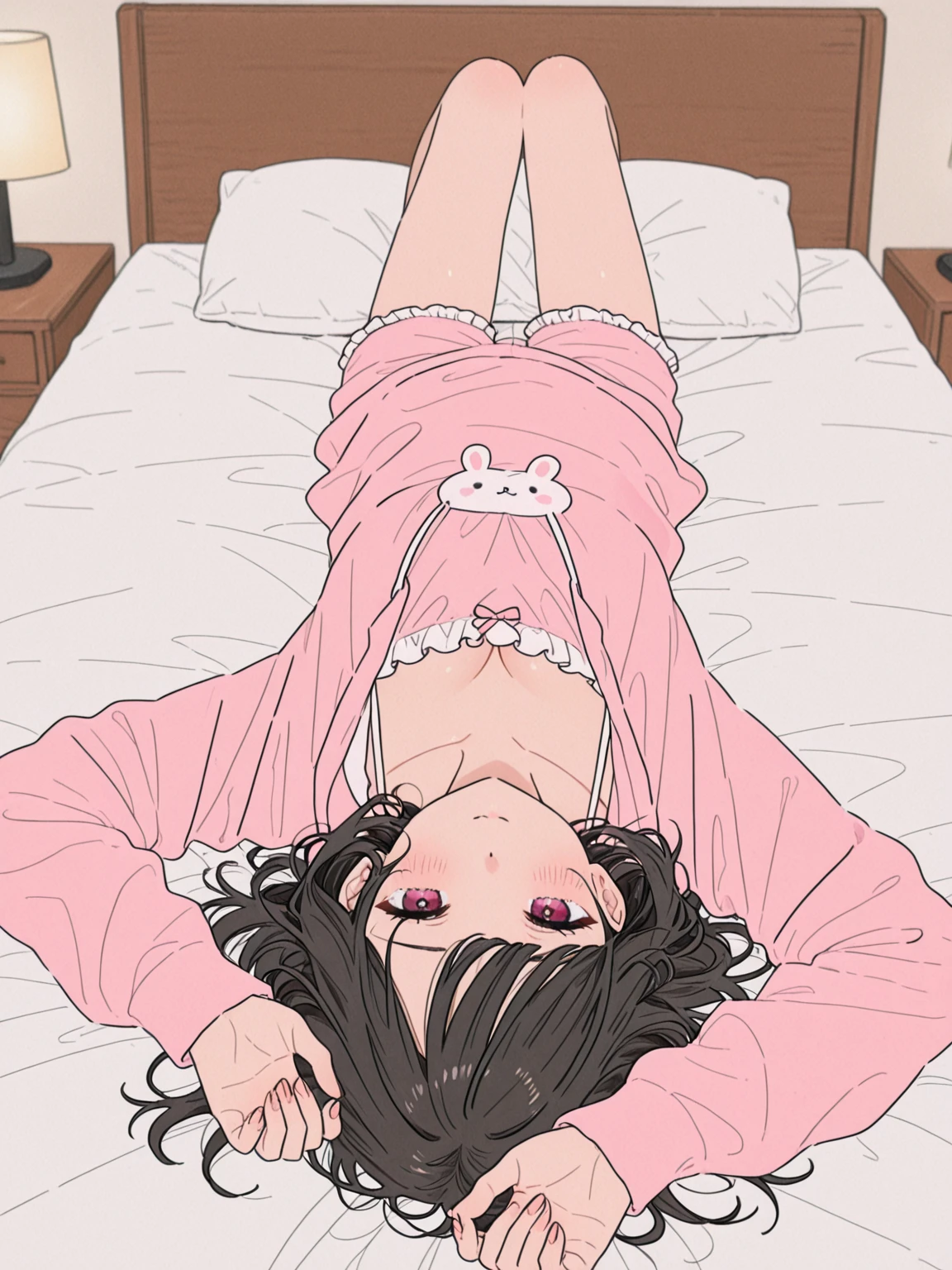 absurdres, 1girl, brown eyes, solid eyes, long hair, wide-eyed, eyelashes, looking at viewer, upside-down, bed, cowboy shot, on back, pink pyjamas, smile, closed mouth