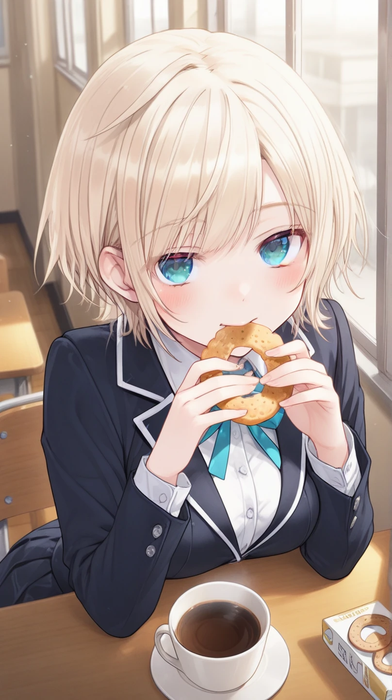 ponytail, A high school girl sitting on the floor and eating a sandwich, In uniform