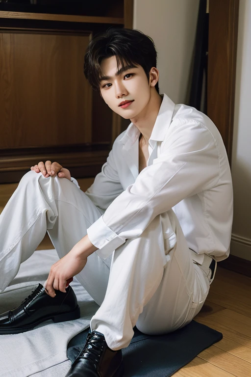 (best quality:1.4), (ultra highres:1.2), (photorealistic:1.4), (8k, RAW photo:1.2), Realistic handsome Japanese guy, muscle, fit, 18 years old, shirtless, topless, wear white jockstrap, bedroom, wet body, outdoor, raincoat, rain day, rain, on street in the city