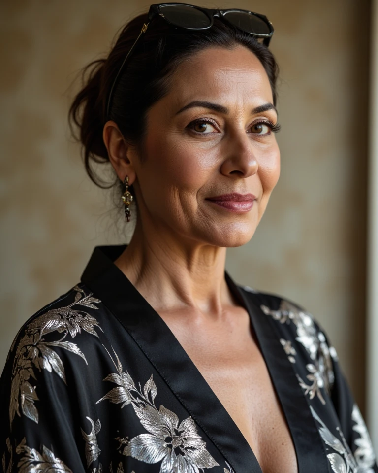 instagram photo, portrait photo of a Fair and beautiful ,stunning 40 year old MILF Arab Muslim woman wearing a brown abaya frock showing cleavage low neckline in depth of field apartment interior background, perfect detailed eyes, natural skin, hard shadows, film grain