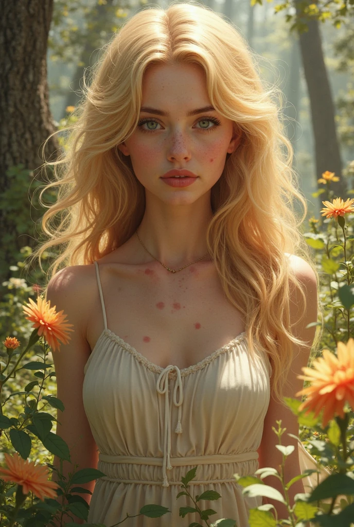 (best quality,4k,8k,highres,masterpiece:1.2),ultra-detailed,(realistic,photorealistic,photo-realistic:1.37), blonde girl nude, (nude showing her breasts),portrait,pale skin,beautiful detailed eyes,freckles, lovely smile,lush yellow hair cascading down her back,curvaceous figure,barefoot in a lush garden,soft sunlight illuminating her,subtle shadows playing on her skin,ethereal atmosphere,colorful flowers blooming around her,delicate petals floating in the air,golden hour lighting casting a warm glow,serene and natural surroundings,subtle breeze gently rustling the leaves,peaceful and calm ambiance.