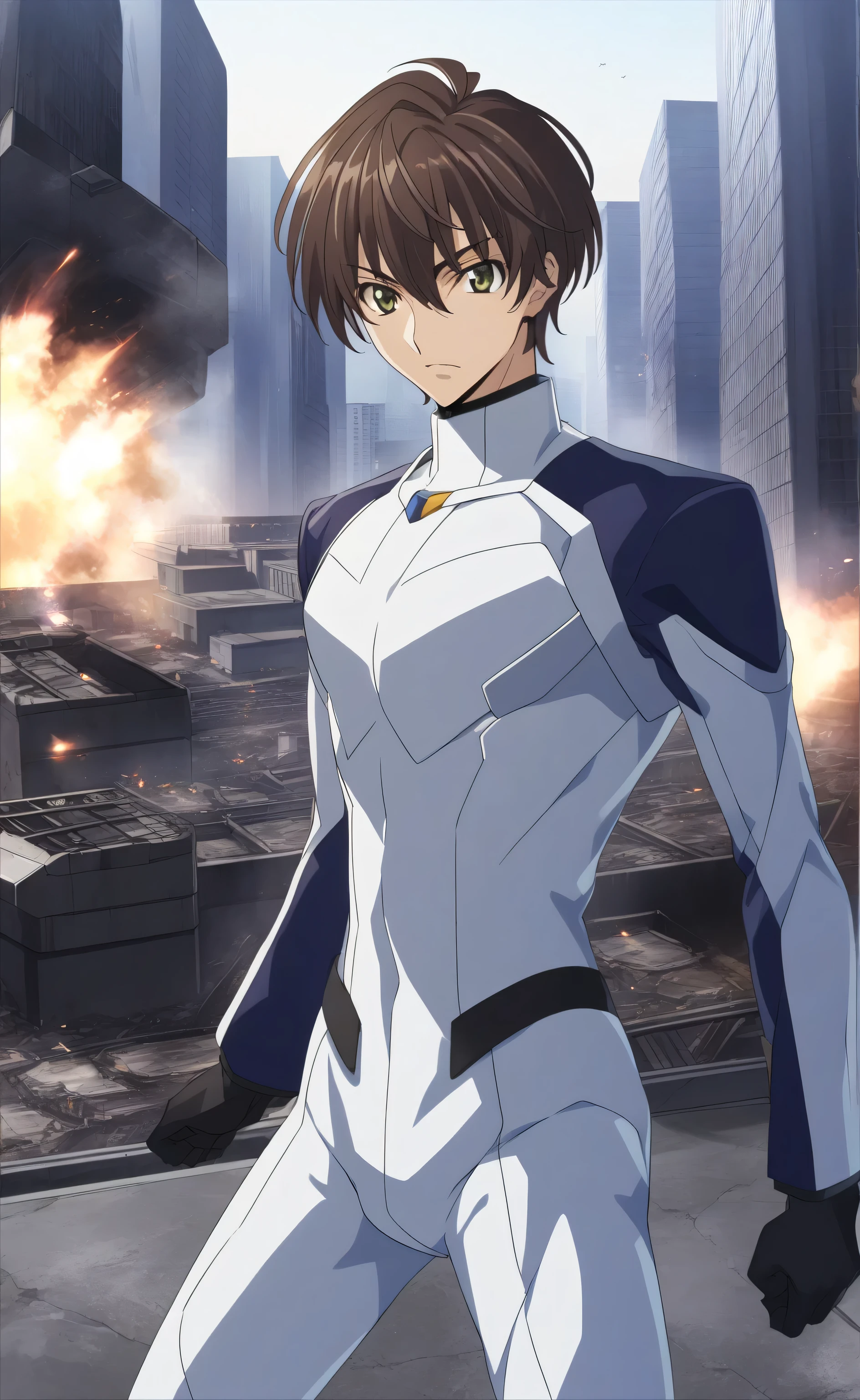 1male,solo,Suzaku Kururugi,brown hair,short hair,White bodysuit,apocalypse city background,Gundam 00 Style,