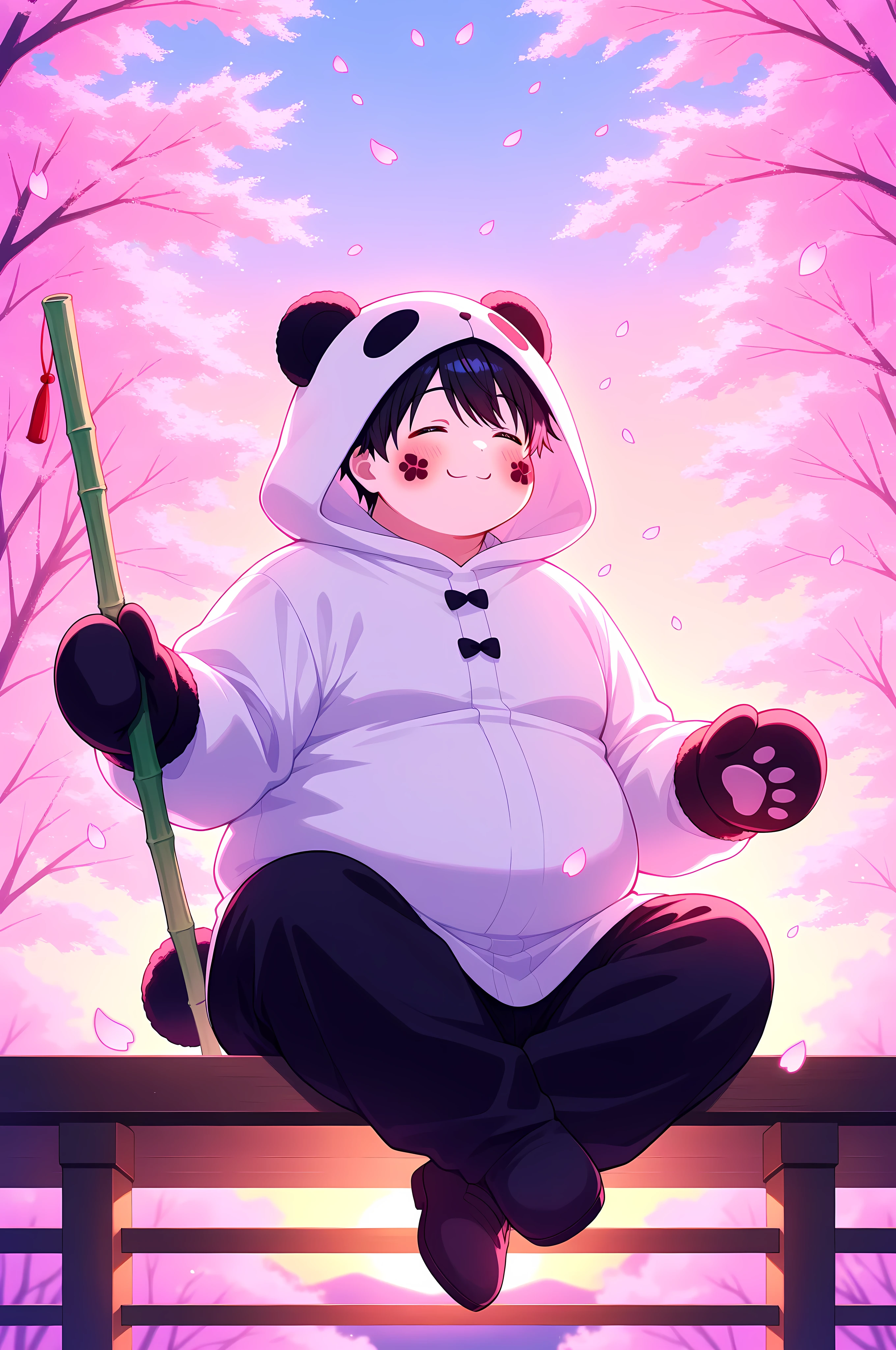 ultra-detailed, vivid colors, absurdres, aesthetic, cinematic lighting, BREAK Adult, 1boy, chubby, wearing a fluffy panda kigurumi, round face, smiling warmly, sitting cross-legged on a wooden porch, cherry blossom petals falling, soft sunset glow, holding a bamboo staff, faint blush on cheeks, minimalist background with blurred pink trees, playful pose, oversized hood, paw-shaped mittens