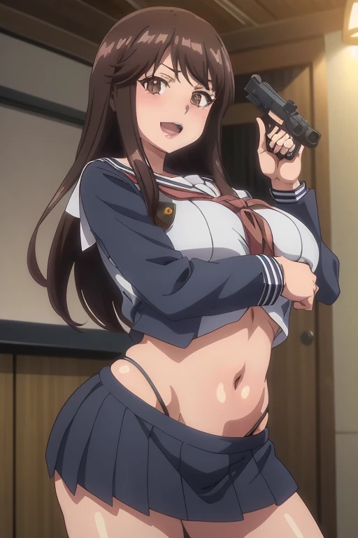 seryuuubiquitous, seryuu ubiquitous, long hair, brown hair, (brown eyes:1.3), medium hair,,
masterpiece, best quality, highly detailed, a anime girls in sailor uniforms with a gun posing for a picture,
evil smile, smile, open mouth,black_serafuku, ecchi anime style, anime girls , (nsfw) not safe for work,
ecchi style, ecchi, shipgirls, digital anime art!!, high school girls, in anime style, official artwork, beautiful
anime high school girl, anime style 4 k, micro skirt, exposed belly, exposed navel, exposed midriff,
exposed lower belly,school, classroom,