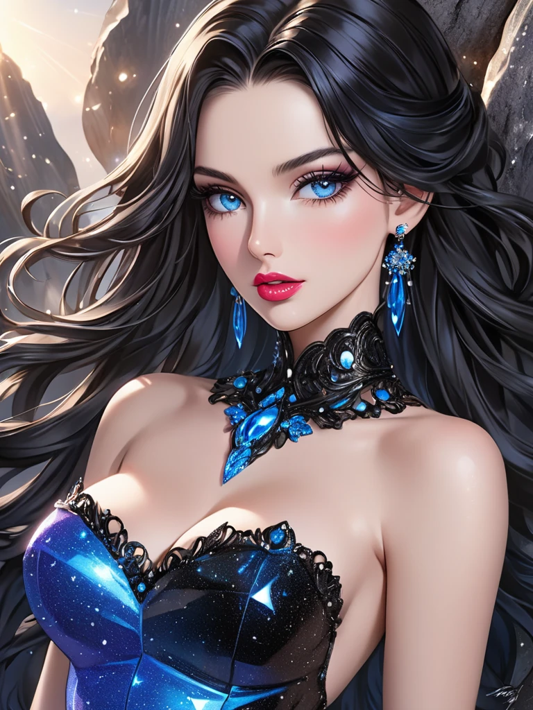 a glamour picture shot, of an elite model covered in stars, walking on a (dark catwalk: 1.2), an extraordinary glamourous elite female model, ((full body: 1.5)),  ((anatomically correct: 1.5), (ultra detailed face: 1.2), best detailed face, yrllow hair, long hair, lush hair, glam hair cut, blue eyes, delicate face, light make up, wearing intricate detailed dress, glamour dress, haute couture dress, elite fashion dress, black as night dress, decorated with bright stars, starlight,  small cleavage, wearing high heels, elegant high heels, she wears diamond necklace, she is glows in a soft starry light, she walks on (asteroid catwalk: 1.2), elite fashion show background, vibrant, Hyperrealism style, vibrant, Ultra-high resolution, High Contrast, (masterpiece:1.5), highest quality, Best aesthetics), best details, best quality, highres, ultra wide angle, 16k, [ultra detailed], masterpiece, best quality, (extremely detailed) RAW, chumbasket art style, magical sky, star, Haute_Couture