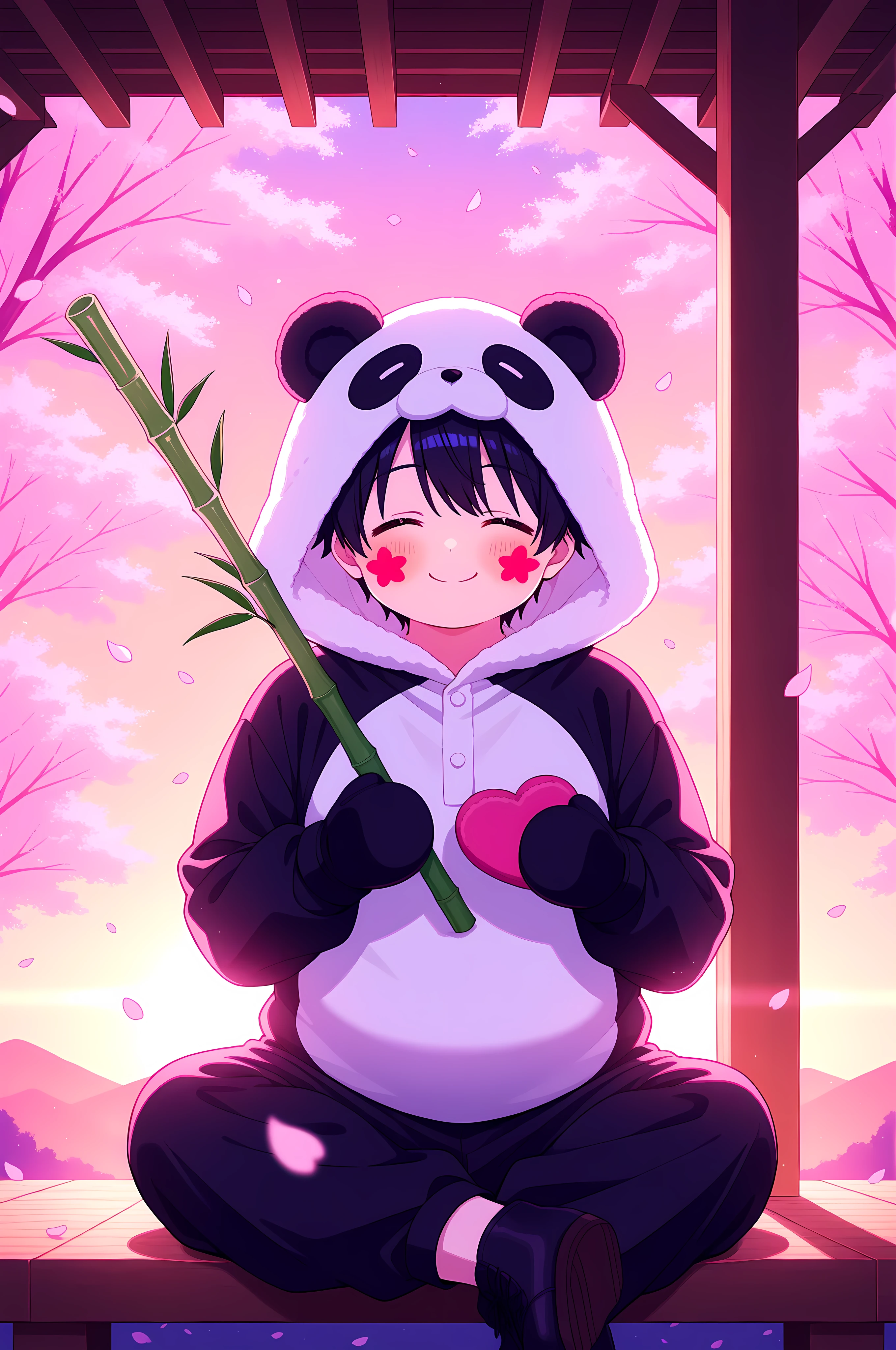 ultra-detailed, vivid colors, absurdres, aesthetic, cinematic lighting, BREAK Adult, 1boy, chubby, wearing a fluffy panda kigurumi, round face, smiling warmly, sitting cross-legged on a wooden porch, cherry blossom petals falling, soft sunset glow, holding a bamboo staff, faint blush on cheeks, minimalist background with blurred pink trees, playful pose, oversized hood, paw-shaped mittens