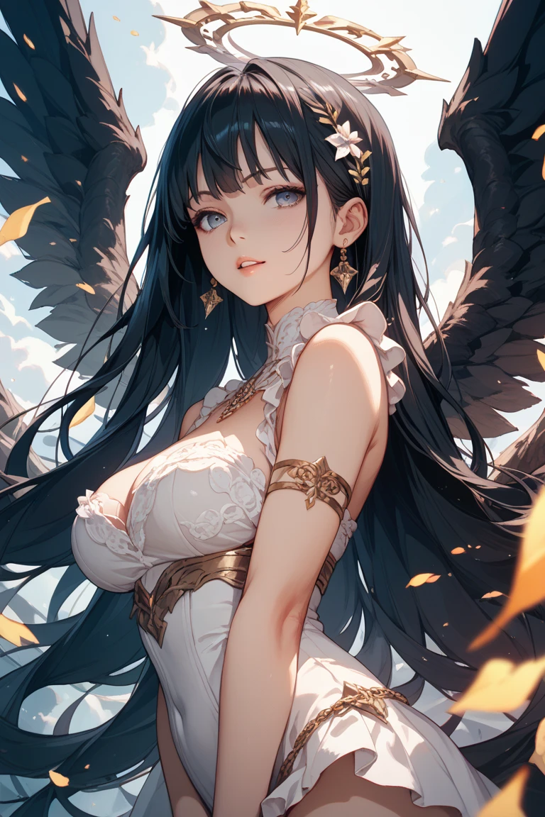Beautiful girl with long black hair and blue eyes and bird wings with big breasts UHD, textured skin, super detail, high details, high quality,