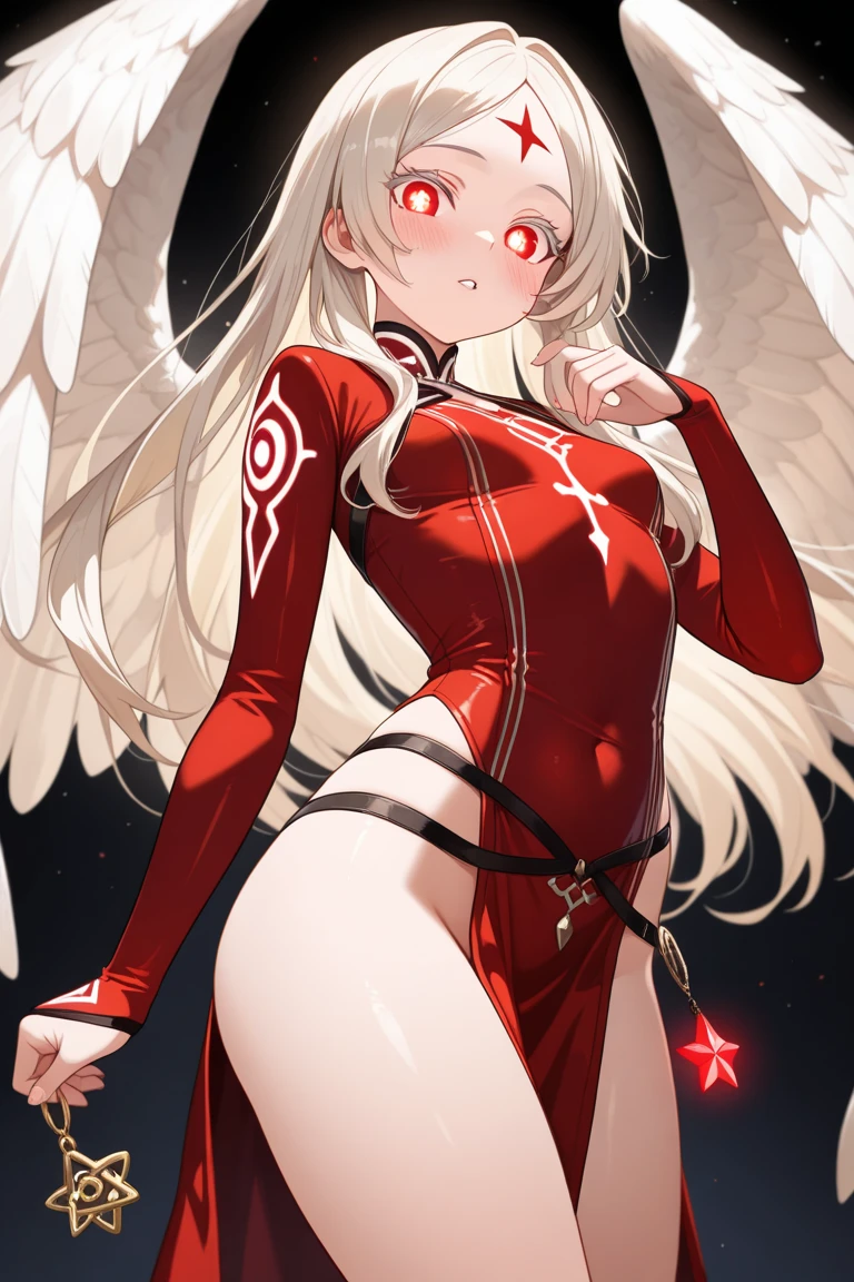 top-quality、Full limbs、complete fingers、one beautiful women、Beautiful Large Breasts、Long、straight haired、Silvery head hair、Red long sleeve leotard、((Red High Socks))、Angel wings growing on the head and back、((Black belt))