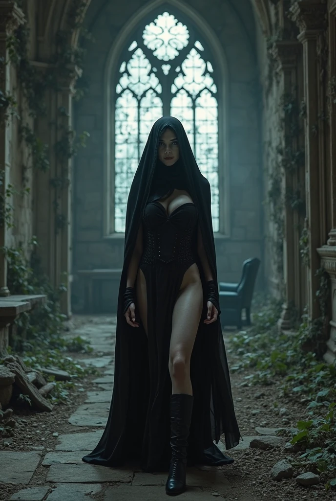 Death personified as a woman wearing a flowing translucent grey  robe beckoning at the front of a tunnel of  golden light. A faint azure mist covers the ground.