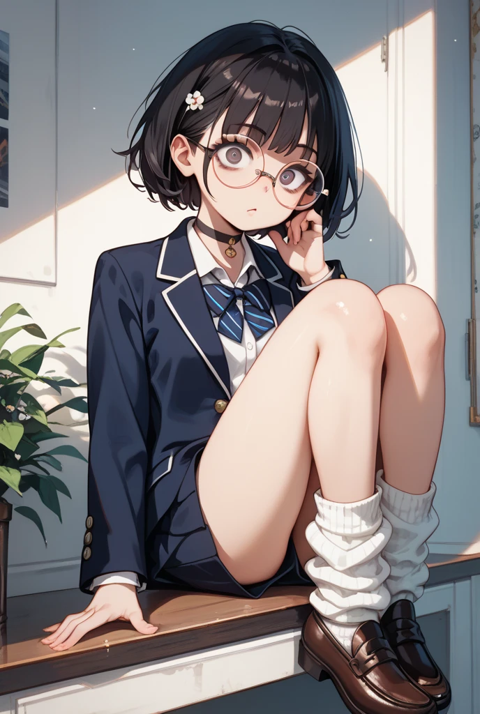 (8k, RAW Photos, 最high quality, masterpiece:1.2), high qualityのRAWカラー写真, Professional photo shoot, Cinematic Light, alone, (((young woman, Gal))), (Sharp features), (Small face), (Skin with attention to detail:1.2), clavicle, Cute face, Beautiful appearance, Long eyelashes,Girl Turning Around, smile, (Black Hair, Short Bob Hair、Heavy bangs), high school student, Red tie, High School Uniform:1.2, Black jacket, Open jacket, Jacket cuff buttons, White shirt, Check skirt, 真Midnightのホテル, Confident attitude, Capture the happy moment, Artistic painting,Attractive thighs, loose socks:1.2, sneakers:1.2, (Very fine touch:1.2), (はにかんだsmile), Peaceful atmosphere, Oil painting style, Bright colors, (Full body portrait), Smooth texture, Gazing Eyes, Beautiful Skin, Shiny skin, ((Perfect Fingers, Five Fingers, Anatomically correct)), Background Blur, high quality, Surreal, ((Very detailed, photo shoot)),(Skirt flip、I can see her panties),,Midnight、Glasses、Sweaty