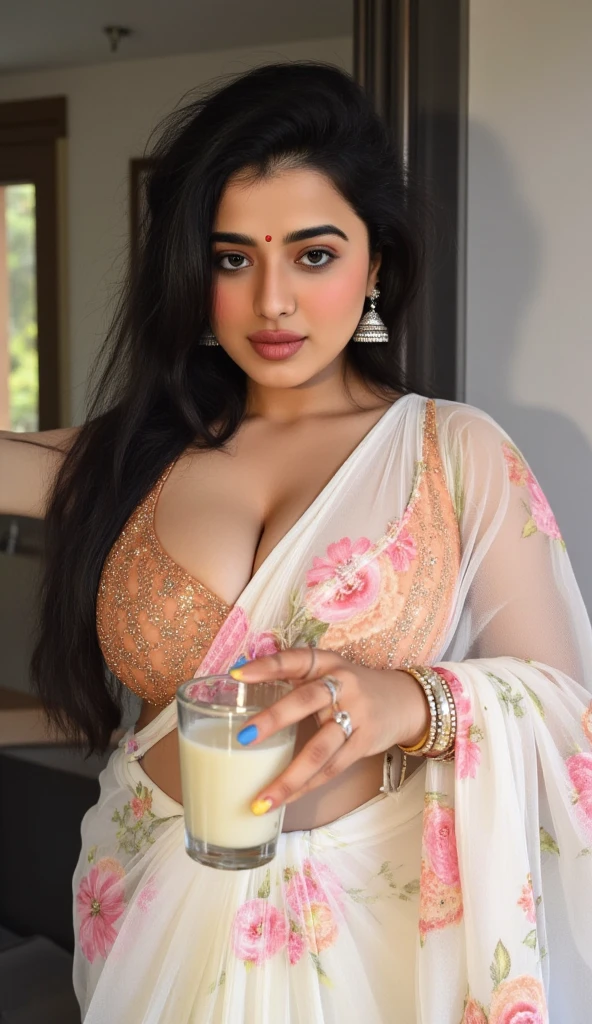 Beautiful Indian milf, in her 20s, huge tits, sheer, white nightgown, mini, seductive, massive cleavage, carrying tea on platter, bright lighting, bending down, thicc thighs