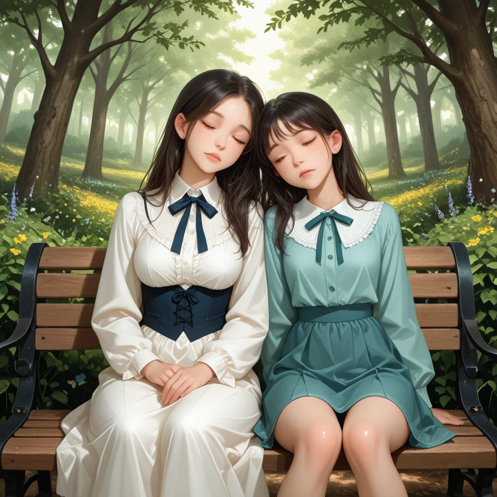 Create an image of two children sitting side by side in a serene outdoor setting, possibly a garden or meadow, with vibrant flowers around. They should be engaged in a quiet activity, like reading or sharing secrets. The focus should be on the warmth of the moment and the connection between them, with attention to details such as unique hairstyles or colorful clothing that adds personality to each child
