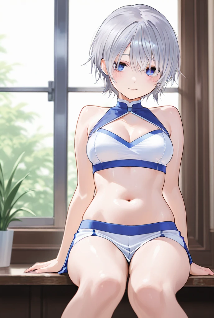 Rey Ayanami from Evangelio, An image in high resolution captures a woman with a mischievous expression,seductive smile. Her toned and (((muscular body))) is flawless. (((Emphasis on the groin))), (((open legs))), wet, shorts, white top, sexy face, sexy pose, bed,  thick thighs, full body