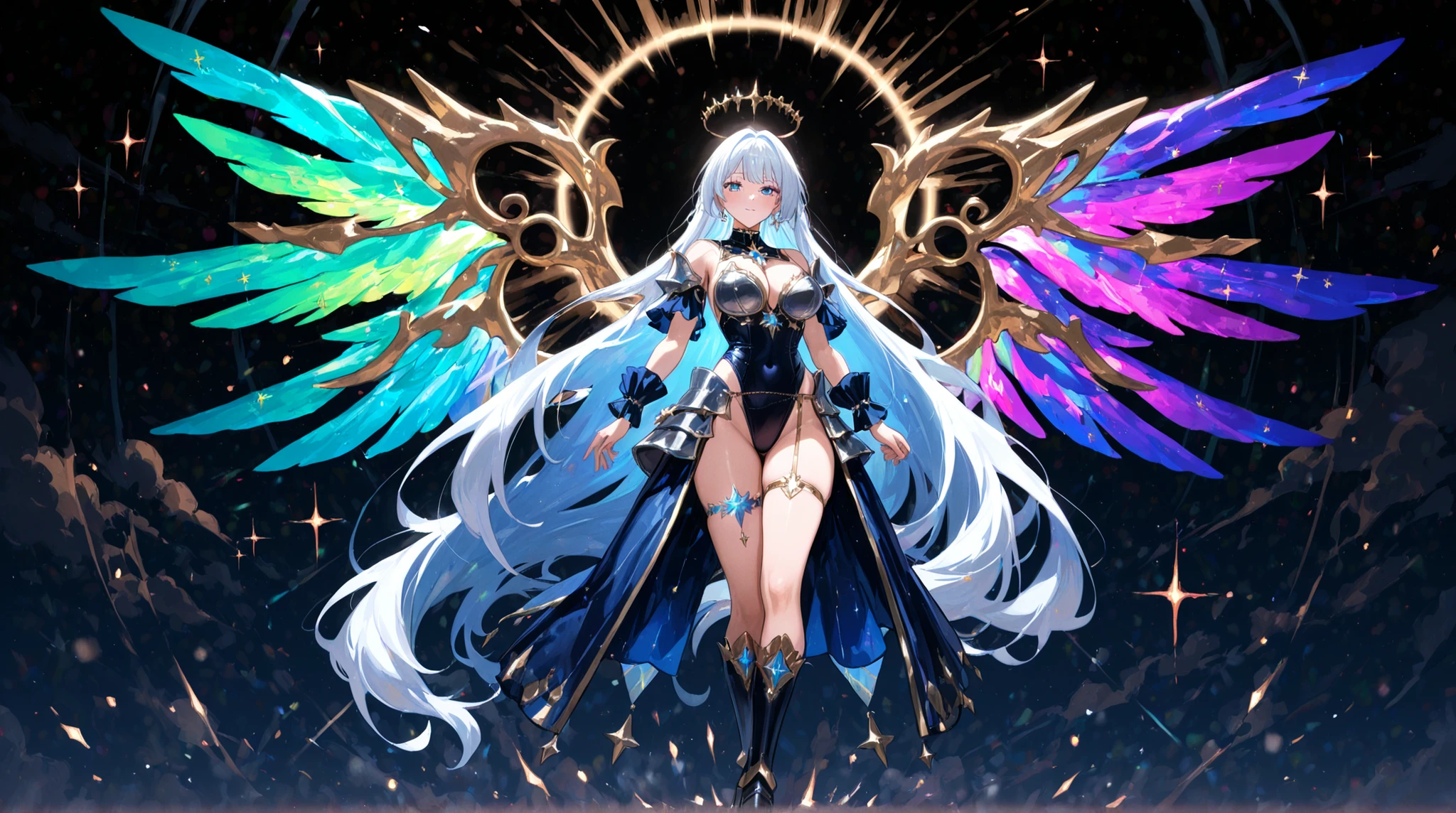 womanhood, super high leg cut, Leotard Armor, Colorful Asymmetric Wings, Starlight Garter Ring, Jewelry Upper Cuff,