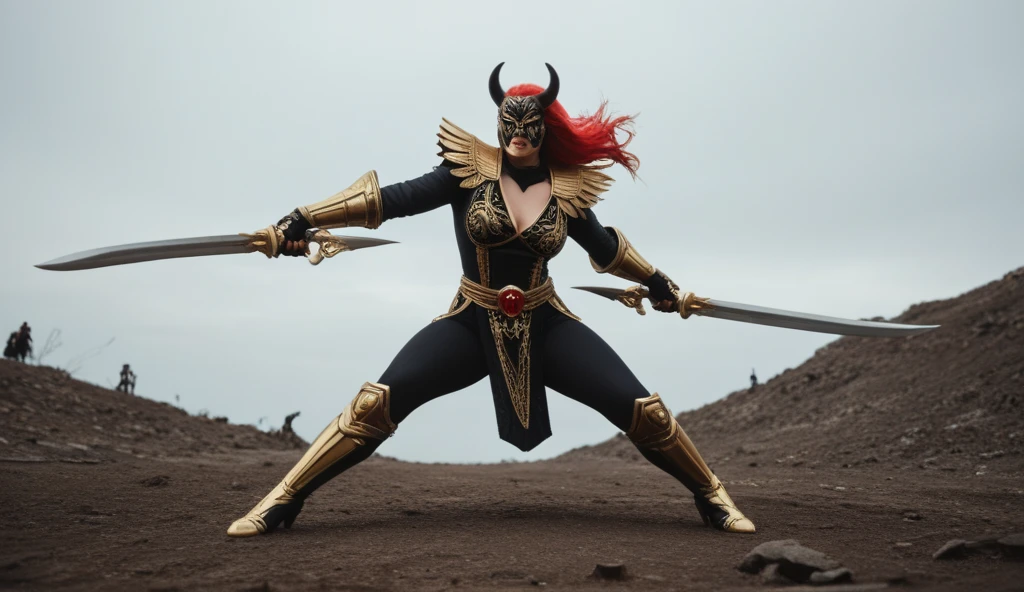 kaijinxl. full body, perfect anatomy. a woman in dynamic pose wearing a red (hawk:1.2) monster themed costume and mask with huge headgear. emphasized-details, empty parking lot, gloomy, retro filter, movie screencap, <lora:kaijinXLV3:1>