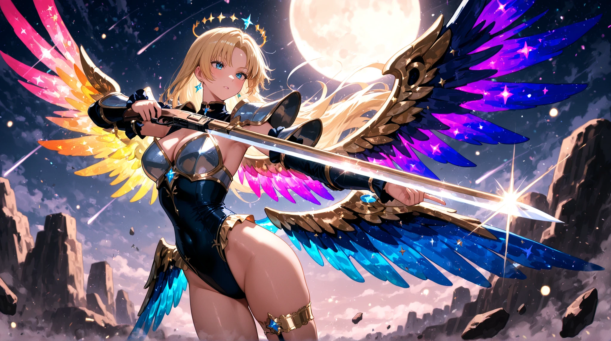 womanhood, super high leg cut, Leotard Armor, Colorful Asymmetric Wings, Starlight Garter Ring, Jewelry Upper Cuff,   quick action, 