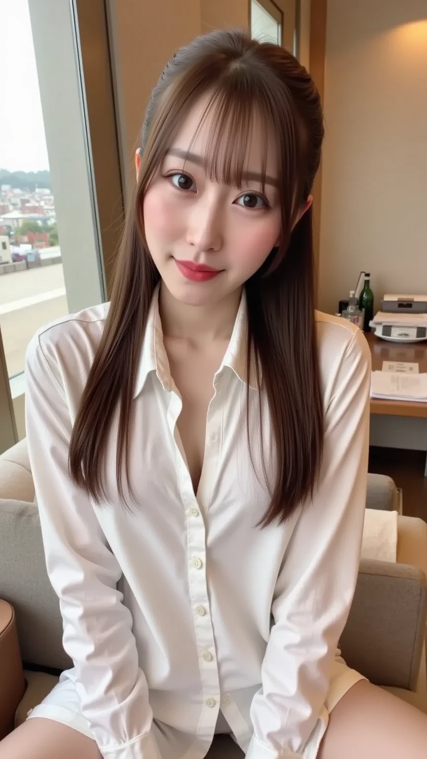 NSFW, ((highest quality)), ((8K)), ((masterpiece:1.3)), ((be familiar with)), ((one japanese woman)), (Dark interior lighting), (Luxury hotel top floor suite), (You can see the distant night view from the large windows.), (beautiful night view:1.2), (Female 38 years old), (stand in front of the window), illuminated by warm lighting, lips slightly open, raise the corners of your mouth and smile gently, gentle expression, raise your chin, Eyes look diagonally upwards, wrinkles on the face, wrinkles at the corners of the eyes, double eyelids, (tear bags under the eyes:1.4), bangs are short, long hair, 肩に垂れ下がったウェーブの掛かったlong hair, (Wedding ring on ring finger of left hand:1.4), white blouse with swings on the chest, transparent blouse, Long skirt that is tight around the waist, high heels, small breasts, small breasts, full body standing, Focus from the waist up,