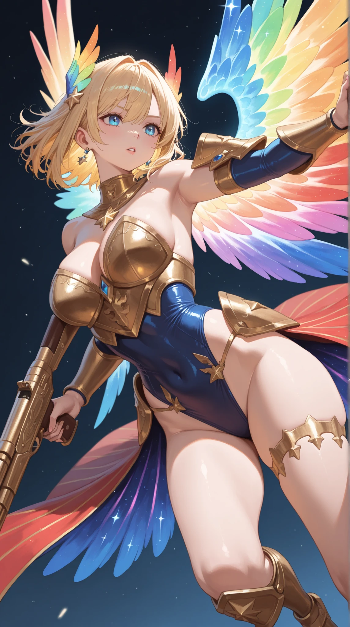 (Perfect Anatomy)、Mastepiece、Ultra High Quality、 8K、masterpiece、Highest quality、Ultra-high resolution、Maximum resolution、Very detailed、Professional Lighting、anime、woman、thin、so beautiful、Highly detailed eye、Highly detailed face、Golden earrings、Blonde, hair bun, Yellow Eyes、Mid-chest,Valkyrie armor, white open mini skirt , full body, gold pattern, white super long boots, white long gloves, female martial artist, high heels, white clawed gauntlets, white cute headgear, fighting stance, gold knee armor, Summoning thunder, Spinning kick, confident pose, wings grow from legs, Kickboxing