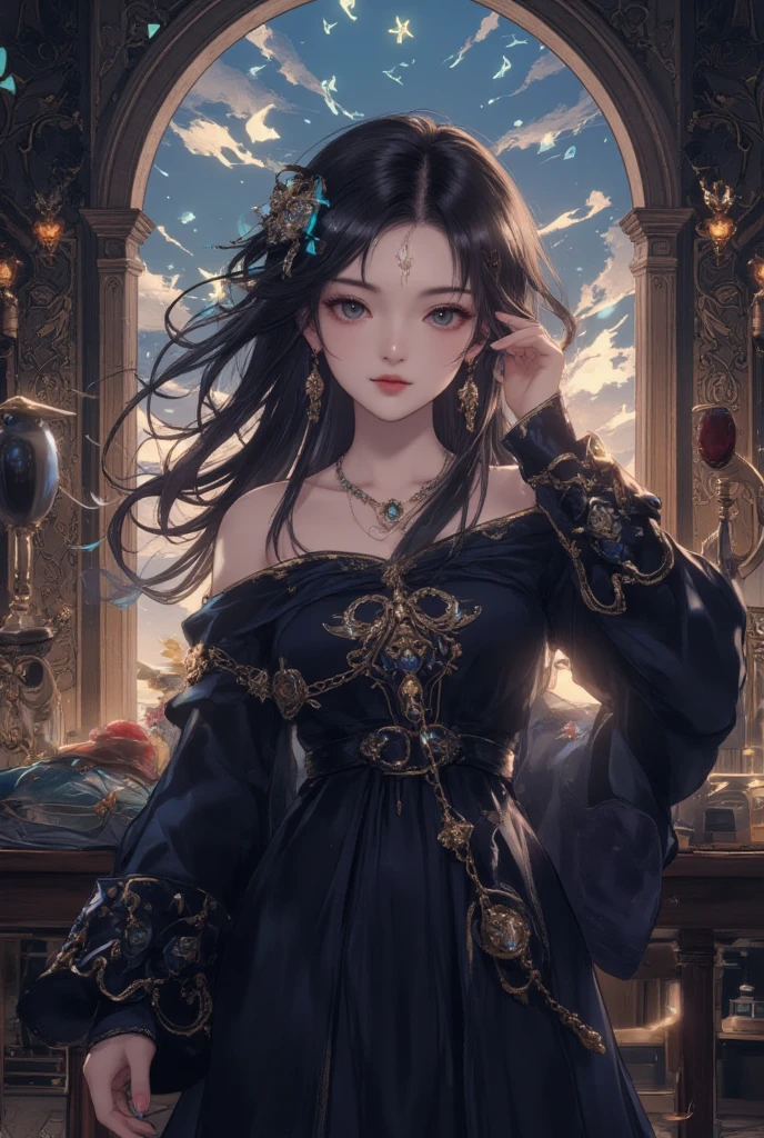 absurdres, RAW photo, extremely delicate and beautiful, masterpiece, Best Quality, ultra high resolution, 32k, hyperrealistic, ultra-detailed, Very detailed CG 8k wallpaper, detailed background, landscape, perfect anatomy, anatomically correct, perfect figure, Perfect Style, Perfect balance, super Detailed skin, in her 30s, very Slim body, narrow waist, very small head, very small face, delicate facial features, handsome detailed woman, very detailed eyes and face, realistic face proportions, Realistic beautiful face, Realistic beautiful eyes, tearful mole, earring, very huge round tits, whole body shot, medium hair, asymmetrical hair, indoor, jiangshi, qing guanmao, 