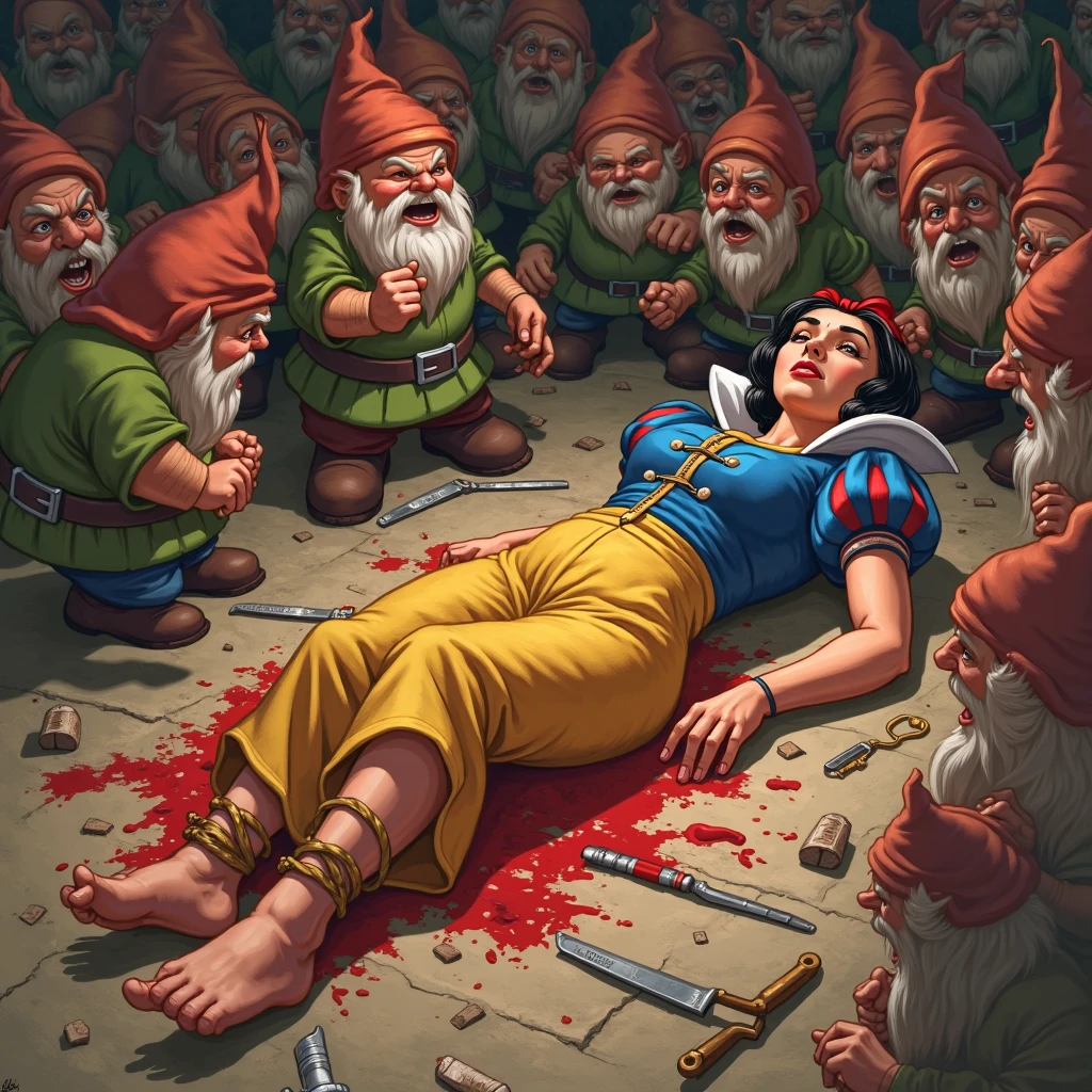 Blanche neige qui exécute simplet avec une hache devant les six autres nains en version Disney