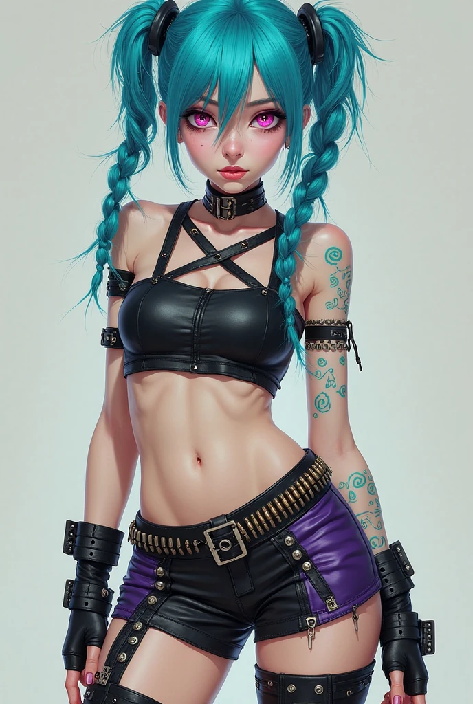 illustration of Alice from Wonderland in a rebellious pin-up style, wearing an edgy outfit with a mix of classic and modern elements. Her skin is adorned with vibrant tattoos that showcase her rebellious nature, image against white background.