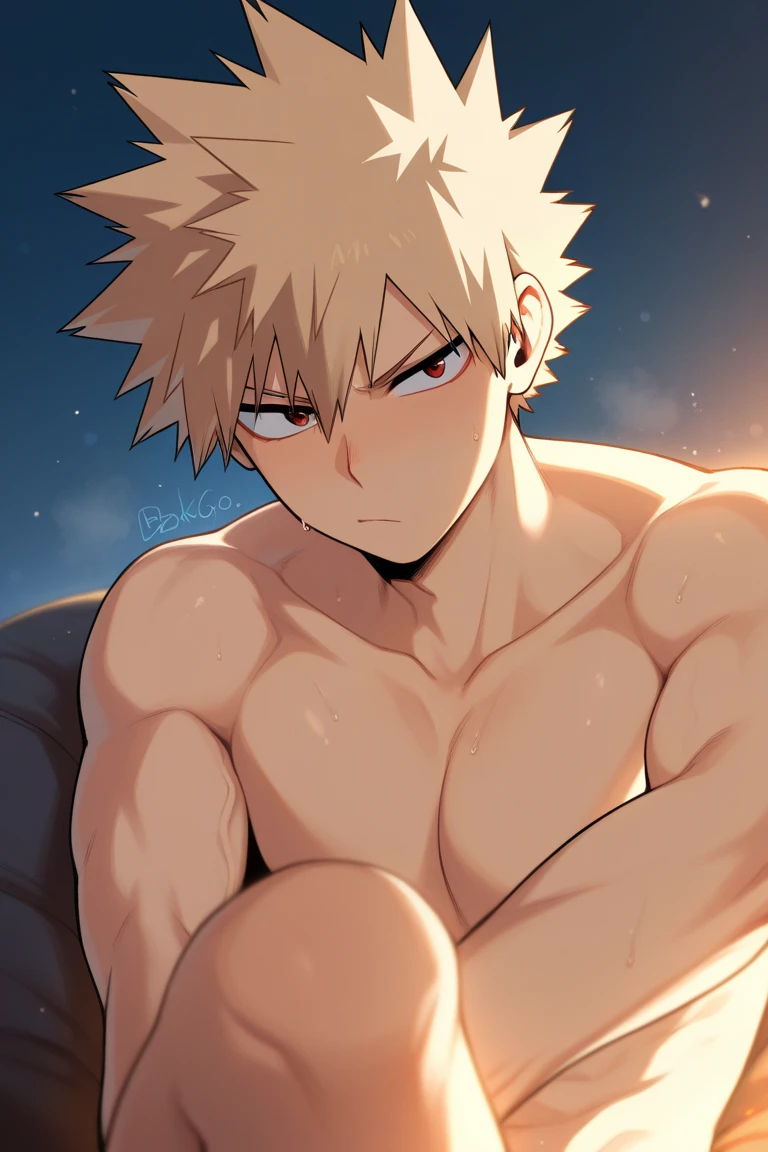 masterpiece, best quality, high quality, 1boy, solo, male focus, shirt off, asta, green eyes, black headband, grey hair, spiked hair, lay on bed, full view, top view, half body.